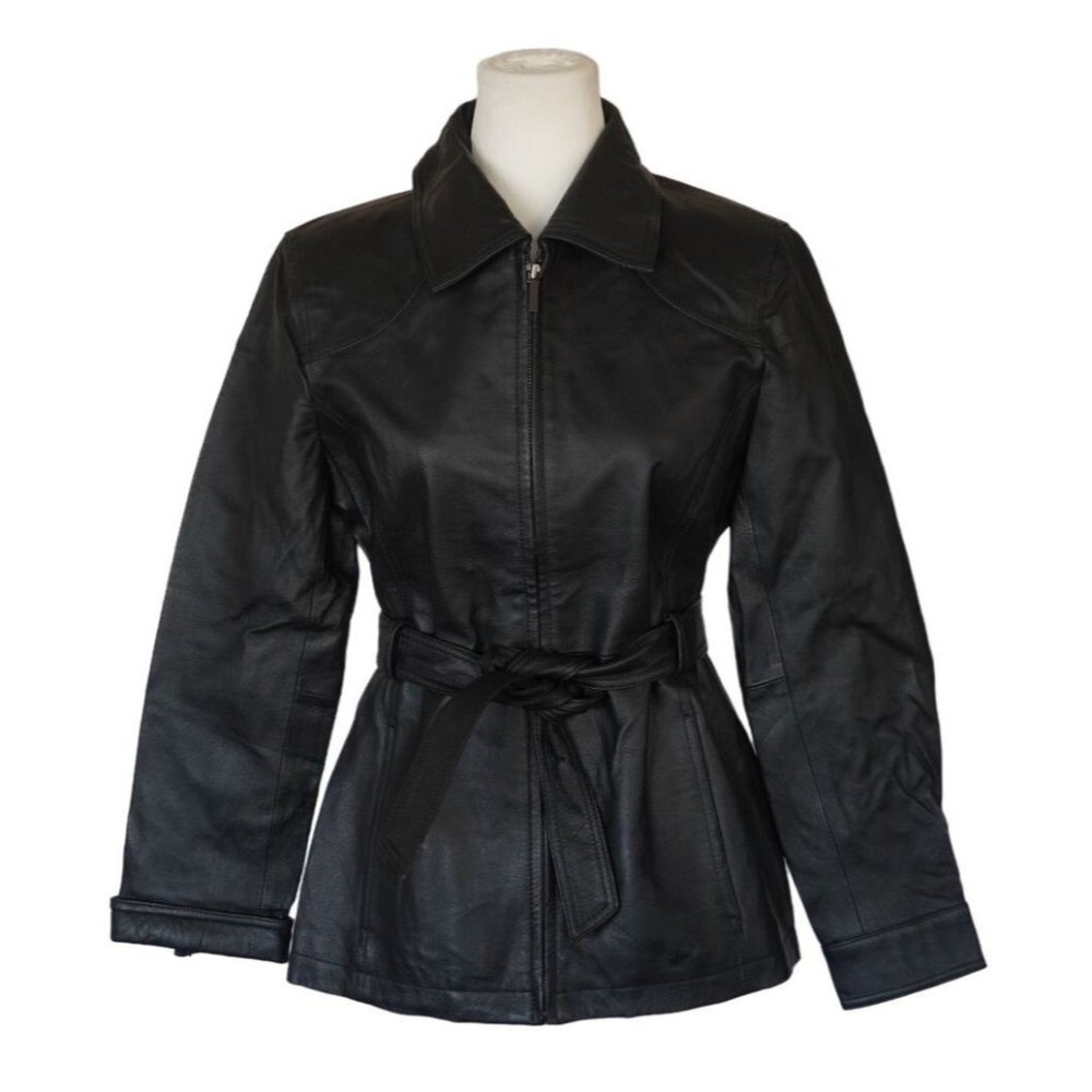 East 5th Black Leather Jacket Womens‎ Size Petite Small Ties at Waist Zip Front